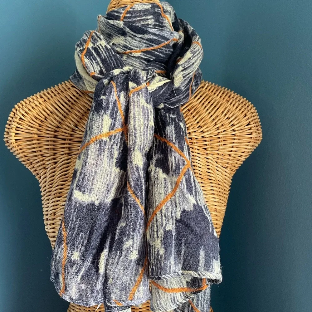 Anna Kaszer Paris NWT Lightweight Wool Scarf Navy Blue Orange Cream 20 x 64